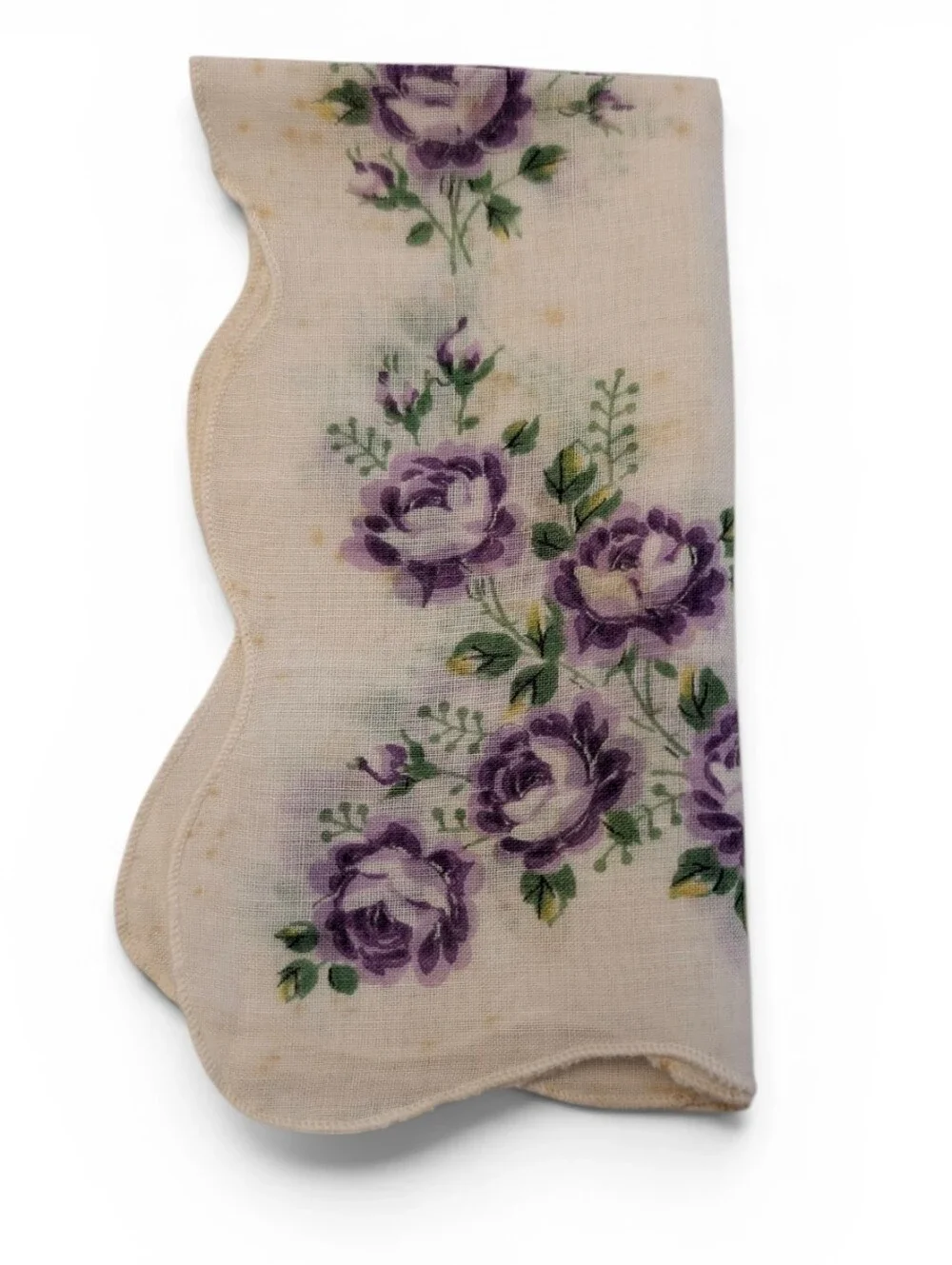 VINTAGE Floral Scalloped Handkerchief Purple Roses Cream Cotton